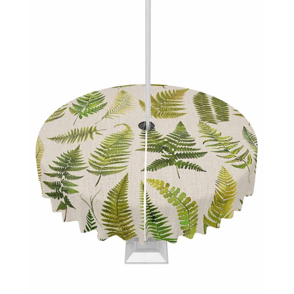 Outdoor Tablecloth with Umbrella Hole Zipper,Green Fern Summer Botanical Leaves Waterproof Zippered Table Cloth for Square Tables,Pastoral Plant Vintage Linen Patio Table Covers for Indoor Pinic