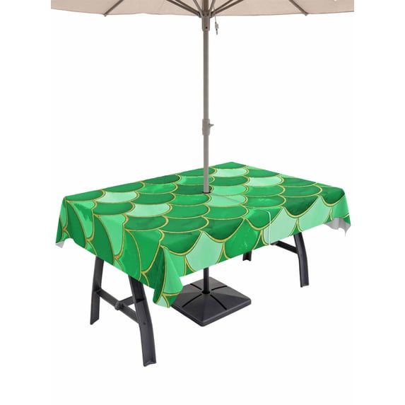 Outdoor Tablecloth with Umbrella Hole and Zipper, Green Fish Scale Rectangle Table Cloth 60x84 Inch Waterproof Tablecloth, Modern Geometric Ombre Abstract Moroccan Picnic Table Cover for Patio