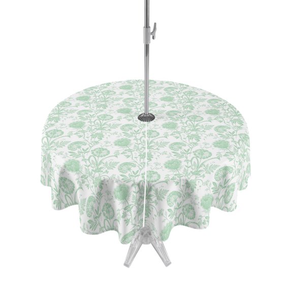 Outdoor Tablecloth with Umbrella Hole Zipper Green Floral Cute Round Tablecloth 54" Waterproof Outside Table Cloth Summer Cozy Botanical Patio Table Cover Tablecloths for Picnic Party