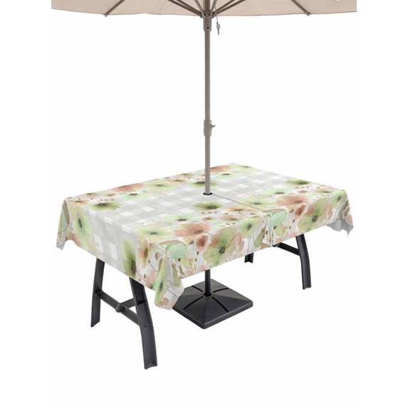 Outdoor Tablecloth with Umbrella Hole and Zipper, Green Floral Rectangle Table Cloth 52x70 Inch Waterproof Tablecloth, Spring Flowers Botanical Gray and White Plaid Picnic Table Cover for Patio