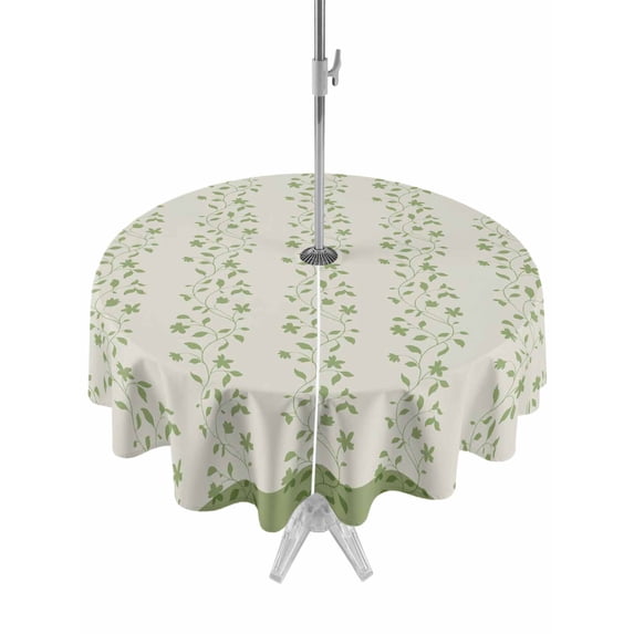 Outdoor Tablecloth with Umbrella Hole and Zipper, Green Floral Round Table Cloth 60 Inch Waterproof Tablecloth, Spring Flowers Picnic Table Cover for Patio Camping
