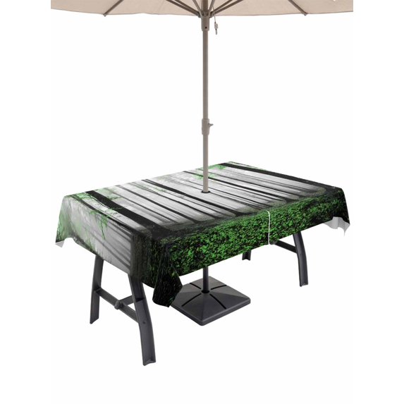 Outdoor Tablecloth with Umbrella Hole and Zipper, Green Forest Rectangle Table Cloth 52x70 Inch Waterproof Tablecloth, Vintage Foggy Woods Tree Mysterious Picnic Table Cover for Patio Camping