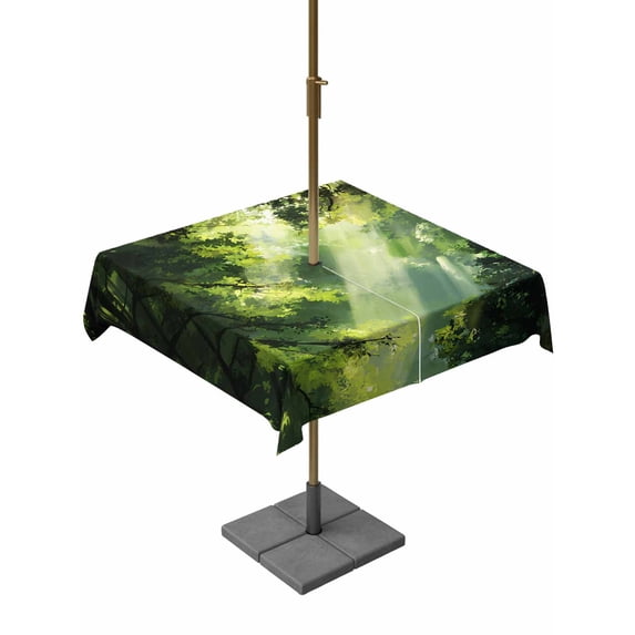 Outdoor Tablecloth with Umbrella Hole and Zipper, Green Forest Square Table Cloth 60x60 Inch Waterproof Tablecloth, Nature Spring Scenic Woodland Picnic Table Cover for Patio Camping