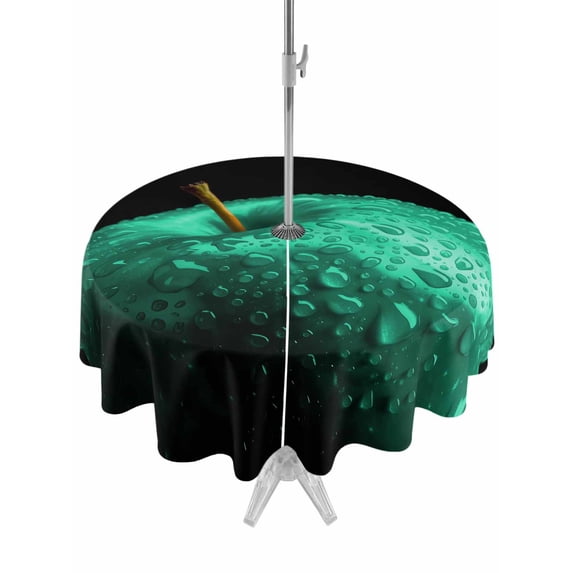 Outdoor Tablecloth with Umbrella Hole and Zipper, Green Fruit Round Table Cloth 54 Inch Waterproof Tablecloth, Modern Minimalist Decor Black Background Picnic Table Cover for Patio Camping