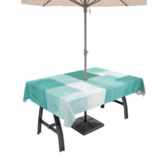 Outdoor Tablecloth with Umbrella Hole and Zipper, Green Geometric Rectangle Table Cloth 52x70 Inch Waterproof Tablecloth, Watercolor Ombre Modern Abstract Art Picnic Table Cover for Patio Camping