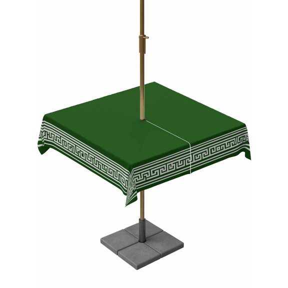 Outdoor Tablecloth with Umbrella Hole and Zipper, Green Greek Key Square Table Cloth 54x54 Inch Waterproof Tablecloth, Geometric Greece Ancient Farmhouse Geo Picnic Table Cover for Patio Camping