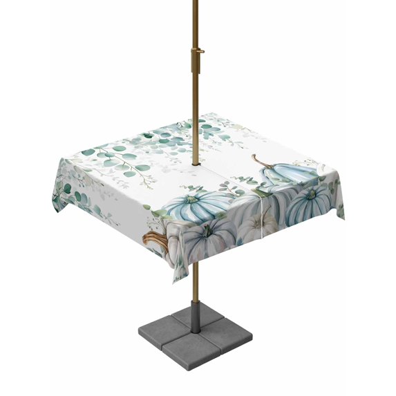 Outdoor Tablecloth with Umbrella Hole and Zipper, Green Grey Pumpkins Fall Square Table Cloth 60x60 Inch Waterproof Tablecloth, Thanksgiving Eucalyptus Leaves Picnic Table Cover for Patio Camping