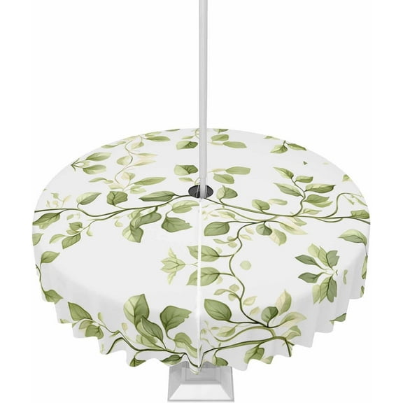 Outdoor Tablecloth with Umbrella Hole and Zipper Green Leaf Vine Round Tablecloths 60 Inch Waterproof Outside Table Cloths Spring Plant Patio Table Cloth Cover for Outdoor Tables Picnic Garden