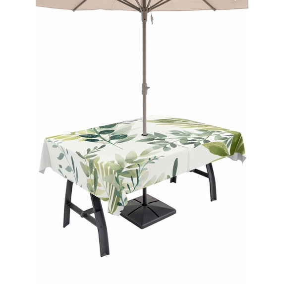 Outdoor Tablecloth with Umbrella Hole and Zipper, Green Leaves Rectangle Table Cloth 60x84 Inch Waterproof Tablecloth, Summer Botanical Farmhouse Watercolor Leaf Picnic Table Cover for Patio Camping