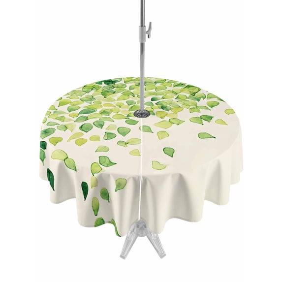 Outdoor Tablecloth with Umbrella Hole Zipper Green Leaves Round Tablecloth 54" Waterproof Outside Table Cloth Gradient Spring Plants Rustic Botanical Patio Table Cover Tablecloths for Picnic Party
