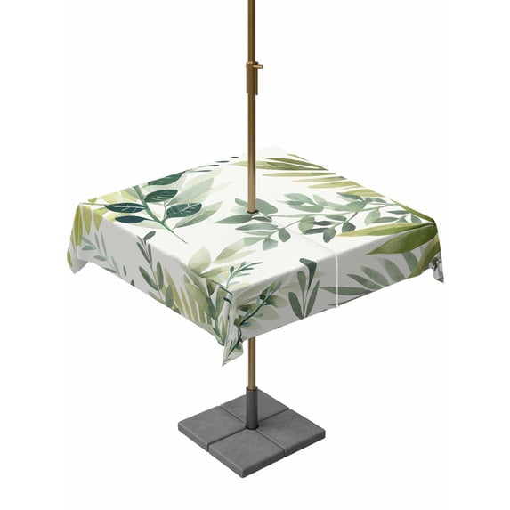 Outdoor Tablecloth with Umbrella Hole and Zipper, Green Leaves Square Table Cloth 60x60 Inch Waterproof Tablecloth, Summer Botanical Farmhouse Watercolor Leaf Picnic Table Cover for Patio Camping