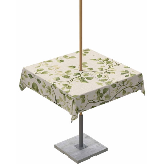 Outdoor Tablecloth with Umbrella Hole & Zipper, Green Leaves Square Tablecloth 54x54 Inch, Spring Retro Watercolor Pastoral Plants Patio Table Cover Waterproof Table Cloth for Picnic/Party