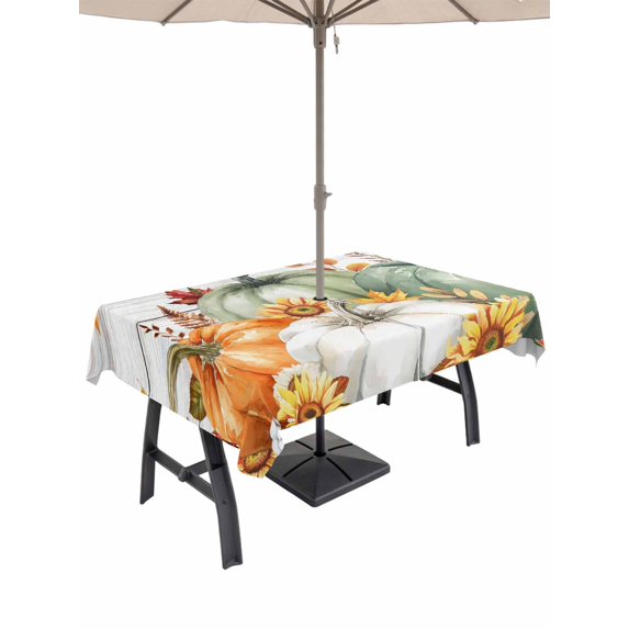 Outdoor Tablecloth with Umbrella Hole and Zipper, Green Orange Fall Rectangle Table Cloth 52x70 Inch Waterproof Tablecloth, Pumpkins Botanical Thanksgiving Vintage Picnic Table Cover for Patio
