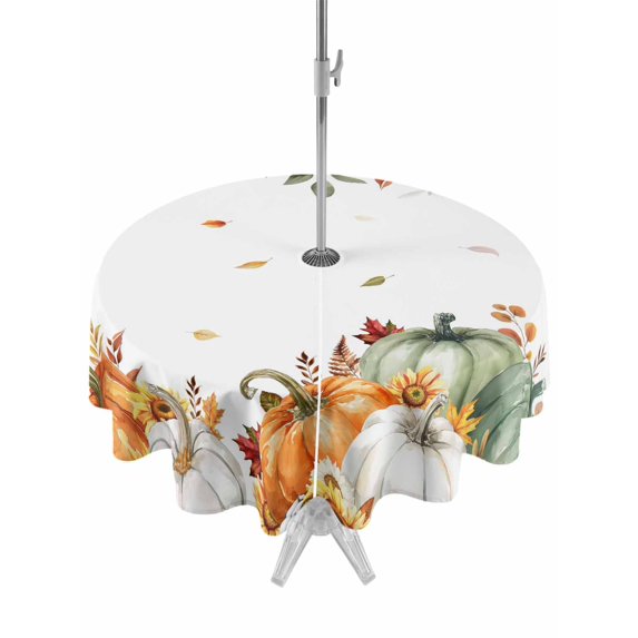 Outdoor Tablecloth with Umbrella Hole and Zipper, Green Orange Fall Round Table Cloth 54 Inch Waterproof Tablecloth, Pumpkins Botanical Thanksgiving Picnic Table Cover for Patio Camping