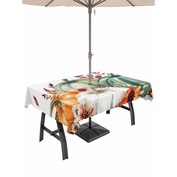 Outdoor Tablecloth with Umbrella Hole and Zipper, Green Orange Pumpkins Fall Rectangle Table Cloth 52x70 Inch Waterproof Tablecloth, Floral Botanical Thanksgiving Picnic Table Cover for Patio Camping