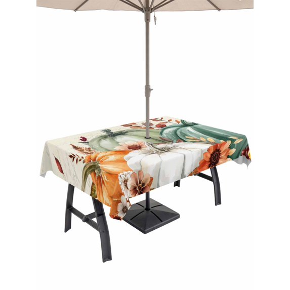 Outdoor Tablecloth with Umbrella Hole and Zipper, Green Orange Pumpkins Fall Rectangle Table Cloth 60x120 Inch Waterproof Tablecloth, Thanksgiving Floral Botanical Picnic Table Cover for Patio