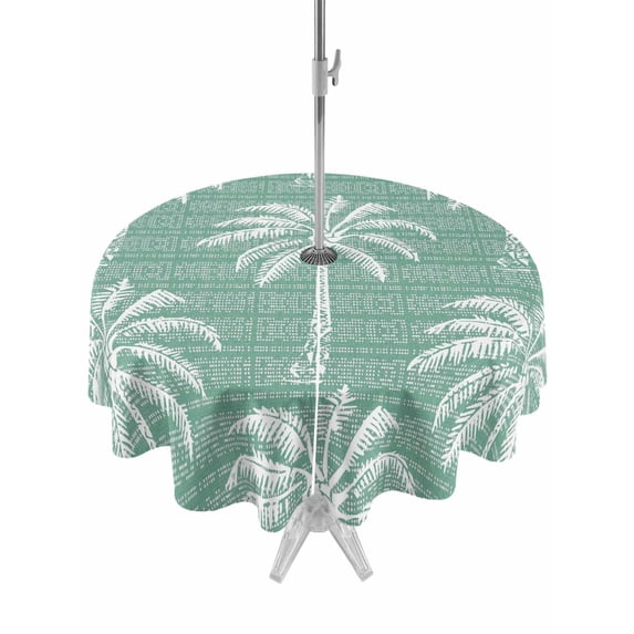 Outdoor Tablecloth with Umbrella Hole & Zipper, Green Palm Tree Round Tablecloth 54 Inch, Summer Botanical Tropical Tree Patio Table Cover Waterproof Table Cloth for Picnic/Party