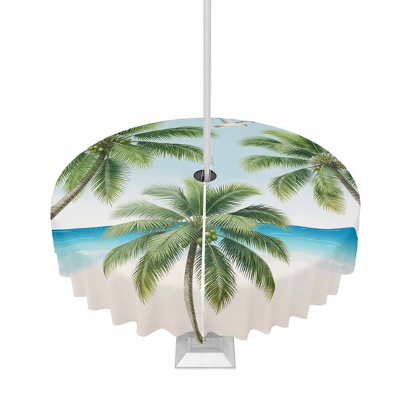 Outdoor Tablecloth with Umbrella Hole and Zipper Green Palm Trees Round Tablecloths 60 Inch Waterproof Tropical Coconut Leaves Beach Patio Table Cover for Outdoor Tables Picnic BBQS Party Decor
