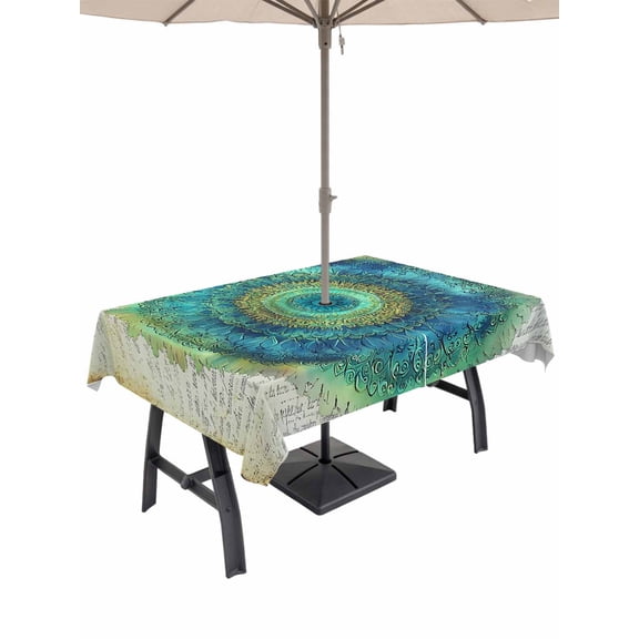 Outdoor Tablecloth with Umbrella Hole and Zipper, Green Seagrass Circle Rectangle Waterproof Table Cover 60x84in Washable Table Cloth for Patio Picnic Party Retro Paper Background