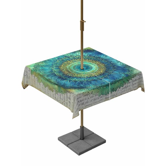 Outdoor Tablecloth with Umbrella Hole and Zipper, Green Seagrass Circle Square Waterproof Table Cover 54x54in Washable Table Cloth for Patio Picnic Party Retro Paper Background