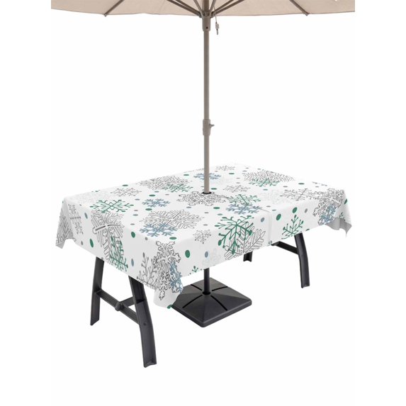 Outdoor Tablecloth with Umbrella Hole and Zipper, Green Snowflake Christmas Rectangle Table Cloth 60x120 Inch Waterproof Tablecloth, Xmas Snowflake Picnic Table Cover for Patio Camping