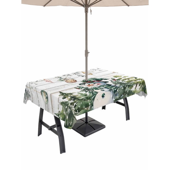 Outdoor Tablecloth with Umbrella Hole and Zipper, Green Snowman Christmas Rectangle Table Cloth 54x80 Inch Waterproof Tablecloth, Xmas Snowflake Eucalyptus Leaves Wooden Picnic Table Cover for Patio