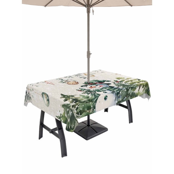 Outdoor Tablecloth with Umbrella Hole and Zipper, Green Snowman Christmas Rectangle Table Cloth 54x80 Inch Waterproof Tablecloth, Xmas Snowflake Eucalyptus Leaves Rustic Picnic Table Cover for Patio