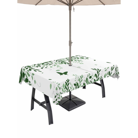 Outdoor Tablecloth with Umbrella Hole and Zipper, Green Spring Botanical Rectangle Table Cloth 60x120 Inch Waterproof Tablecloth, Weeping Eucalyptus Butterfly Picnic Table Cover for Patio Camping