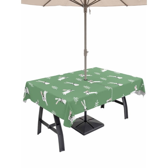 Outdoor Tablecloth with Umbrella Hole and Zipper, Green Spring Easter Rectangle Table Cloth 60x102 Inch Waterproof Tablecloth, Cute Bunny Botanical Picnic Table Cover for Patio Camping