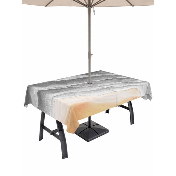 Outdoor Tablecloth with Umbrella Hole & Zipper, Grey Beach Coastal Rectangle Tablecloth 52x70 Inch, Summer Nautical Seaside Ocean Ombre Patio Table Cover Waterproof Table Cloth for Picnic/Party