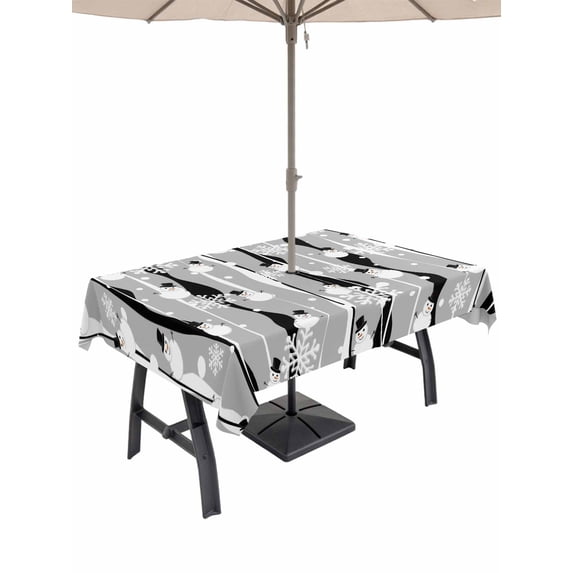 Outdoor Tablecloth with Umbrella Hole and Zipper, Grey Black Christmas Rectangle Table Cloth 52x70 Inch Waterproof Tablecloth, Xmas Snowman Snowflake Picnic Table Cover for Patio Camping