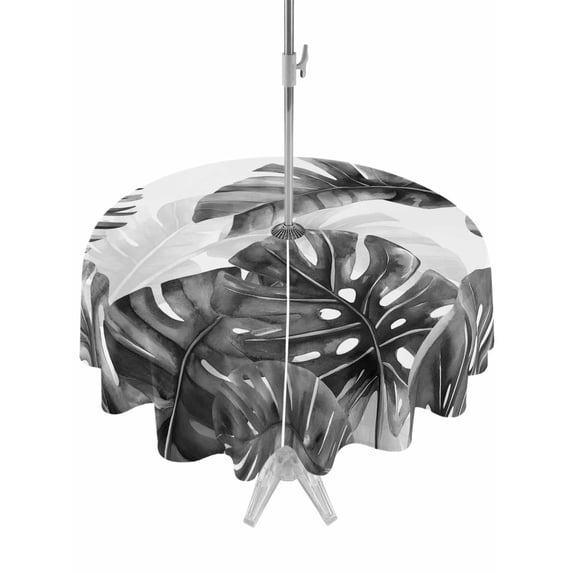 Outdoor Tablecloth with Umbrella Hole and Zipper, Grey Black Leaves Round Table Cloth 60 Inch Waterproof Tablecloth, Summer Botanical Watercolor Leaf Picnic Table Cover for Patio Camping