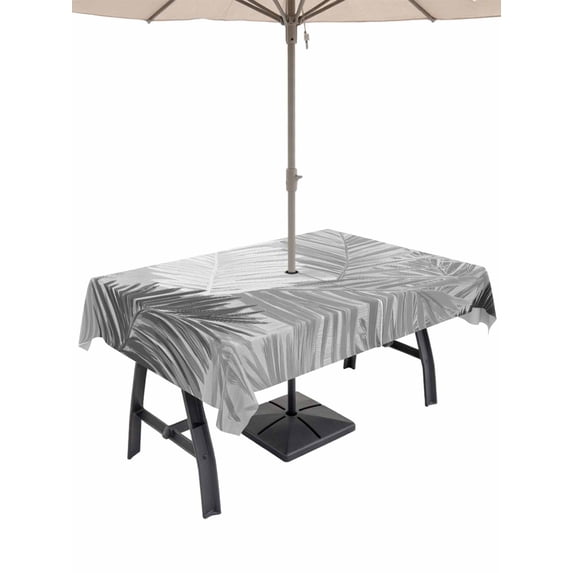 Outdoor Tablecloth with Umbrella Hole & Zipper, Grey Black Palm Leaves Rectangle Tablecloth 54x80 Inch, Summer Tropical Plants Botanical Patio Table Cover Waterproof Table Cloth for Picnic/Party