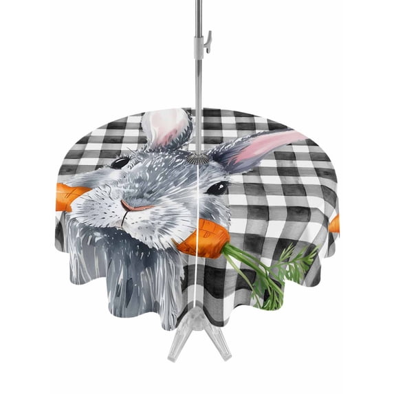Outdoor Tablecloth with Umbrella Hole and Zipper, Grey Bunny Easter Round Table Cloth 54 Inch Waterproof Tablecloth, Rabbits Spring Botanical Black White Plaid Picnic Table Cover for Patio Camping