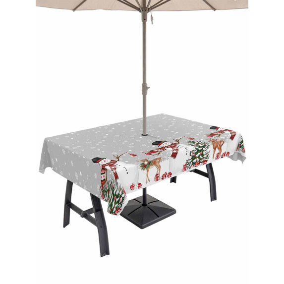 Outdoor Tablecloth with Umbrella Hole and Zipper, Grey Christmas Rectangle Table Cloth 52x70 Inch Waterproof Tablecloth, Snowman Snowflake Xmas Tree Ball Elk Picnic Table Cover for Patio Camping