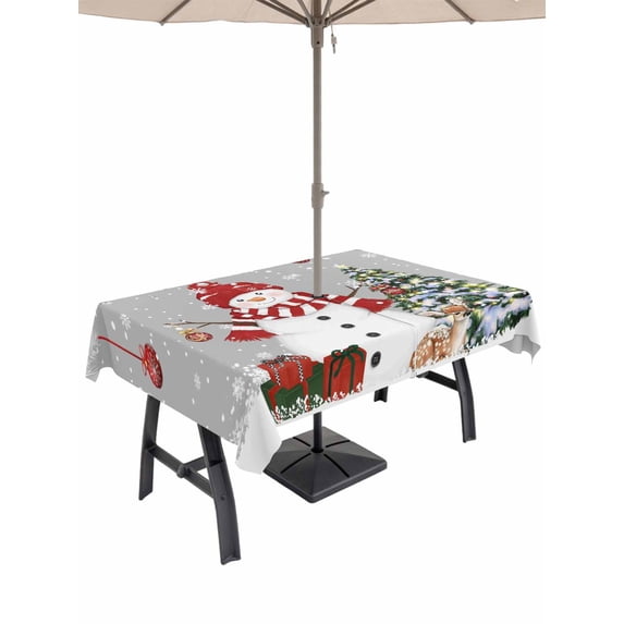 Outdoor Tablecloth with Umbrella Hole and Zipper, Grey Christmas Rectangle Table Cloth 52x70 Inch Waterproof Tablecloth, Snowman Xmas Balls Pine Needle Tree Picnic Table Cover for Patio Camping