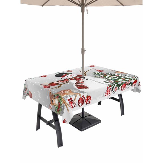 Outdoor Tablecloth with Umbrella Hole and Zipper, Grey Christmas Rectangle Table Cloth 52x70 Inch Waterproof Tablecloth, Snowman Xmas Tree Ball Elk Snowflake Picnic Table Cover for Patio Camping