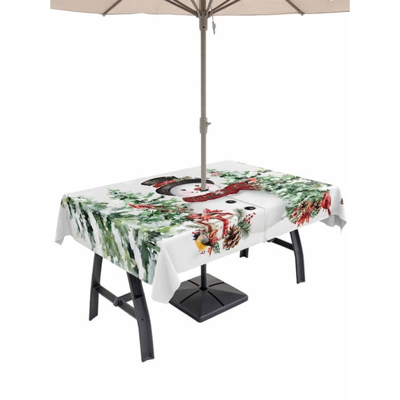 Outdoor Tablecloth with Umbrella Hole and Zipper, Grey Christmas Rectangle Table Cloth 52x70 Inch Waterproof Tablecloth, Snowman Xmas Trees Snowflake Birds Watercolor Picnic Table Cover for Patio
