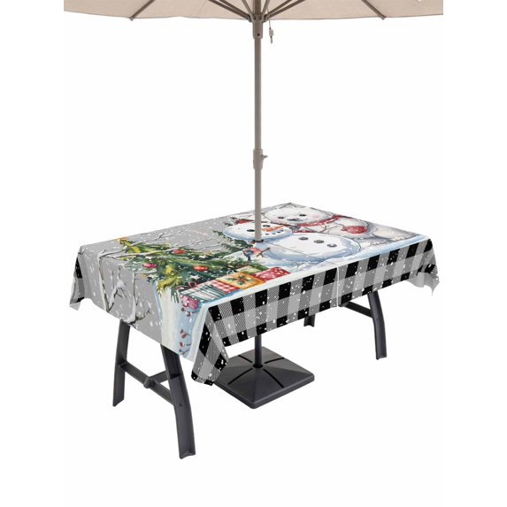 Outdoor Tablecloth with Umbrella Hole and Zipper, Grey Christmas Rectangle Table Cloth 52x70 Inch Waterproof Tablecloth, Xmas Tree Snowman Bear Snowfall Plaid Picnic Table Cover for Patio Camping