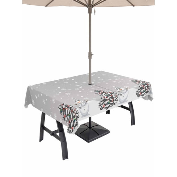 Outdoor Tablecloth with Umbrella Hole and Zipper, Grey Christmas Rectangle Table Cloth 54x80 Inch Waterproof Tablecloth, Retro Winter Snowman Xmas Tree Snowflakes Picnic Table Cover for Patio Camping