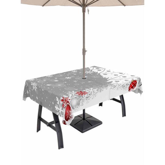 Outdoor Tablecloth with Umbrella Hole and Zipper, Grey Christmas Rectangle Table Cloth 54x80 Inch Waterproof Tablecloth, Snowflake Winter Xmas Tree Picnic Table Cover for Patio Camping