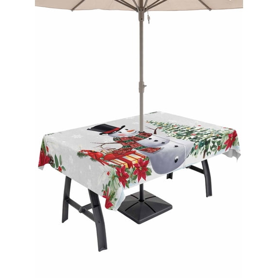 Outdoor Tablecloth with Umbrella Hole and Zipper, Grey Christmas Rectangle Table Cloth 54x80 Inch Waterproof Tablecloth, Snowman Xmas Tree Poinsettia Snowflake Picnic Table Cover for Patio Camping