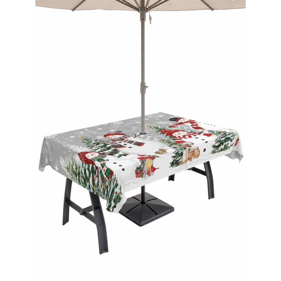 Outdoor Tablecloth with Umbrella Hole and Zipper, Grey Christmas Rectangle Table Cloth 54x80 Inch Waterproof Tablecloth, Snowman Xmas Tree Snowflake Winter Picnic Table Cover for Patio Camping