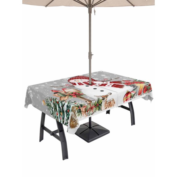Outdoor Tablecloth with Umbrella Hole and Zipper, Grey Christmas Rectangle Table Cloth 60x102 Inch Waterproof Tablecloth, Snowman Gifts Xmas Tree Snowflake Winter Picnic Table Cover for Patio Camping
