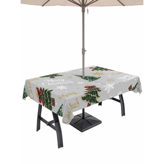Outdoor Tablecloth with Umbrella Hole and Zipper, Grey Christmas Rectangle Table Cloth 60x102 Inch Waterproof Tablecloth, Winter Green Pine Tree Gold Snowflake Picnic Table Cover for Patio Camping