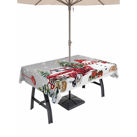 Outdoor Tablecloth with Umbrella Hole and Zipper, Grey Christmas Rectangle Table Cloth 60x102 Inch Waterproof Tablecloth, Xmas Snowman Truck Tree Balls Picnic Table Cover for Patio Camping