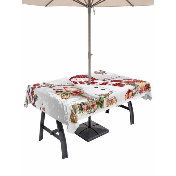 Outdoor Tablecloth with Umbrella Hole and Zipper, Grey Christmas Rectangle Table Cloth 60x84 Inch Waterproof Tablecloth, Red Snowman Xmas Tree Snowflake Winter Picnic Table Cover for Patio Camping