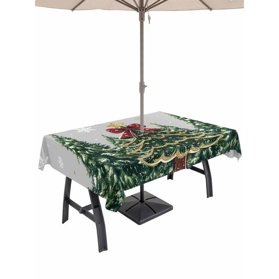 Outdoor Tablecloth with Umbrella Hole and Zipper, Grey Christmas Rectangle Table Cloth 60x84 Inch Waterproof Tablecloth, Snowflake Xmas Christmas Tree Picnic Table Cover for Patio Camping