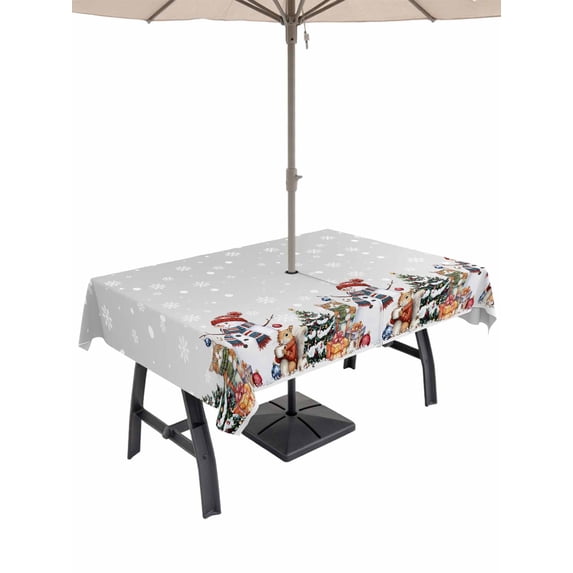 Outdoor Tablecloth with Umbrella Hole and Zipper, Grey Christmas Rectangle Table Cloth 60x84 Inch Waterproof Tablecloth, Winter Snowman Cat Squirrel Xmas Tree Picnic Table Cover for Patio Camping