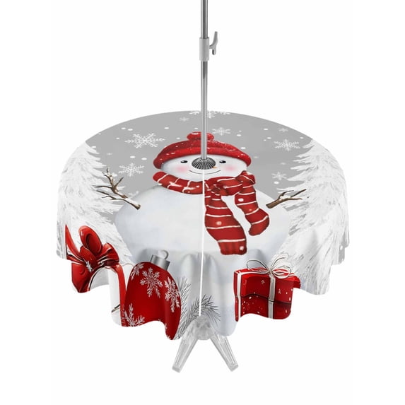 Outdoor Tablecloth with Umbrella Hole and Zipper, Grey Christmas Round Table Cloth 54 Inch Waterproof Tablecloth, Snowman Gifts Xmas Tree Winter Snowflake Picnic Table Cover for Patio Camping